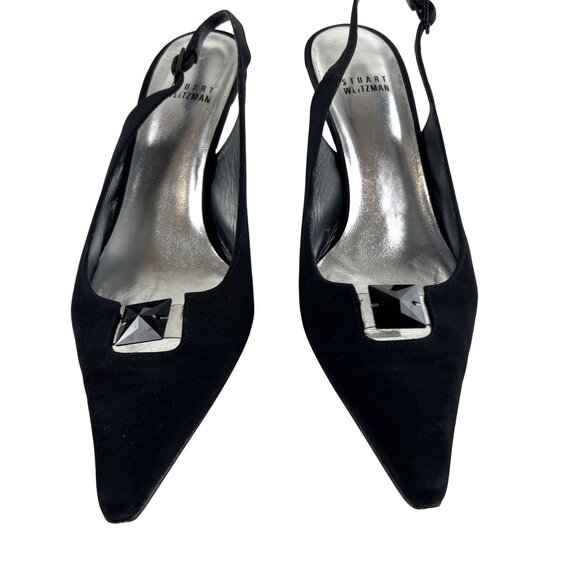 Stuart Weitzman Classic Chic Preppy Black Slingback Heels Embellished Toe 9.5 M - Picture 2 of 13